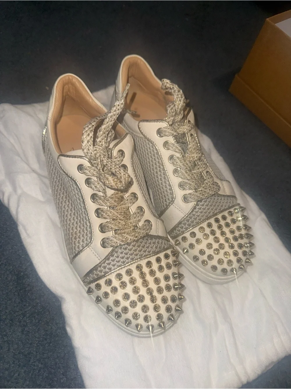 Christian Louboutin Gold Studded Ivory Leather & Mesh Women's Sneakers
